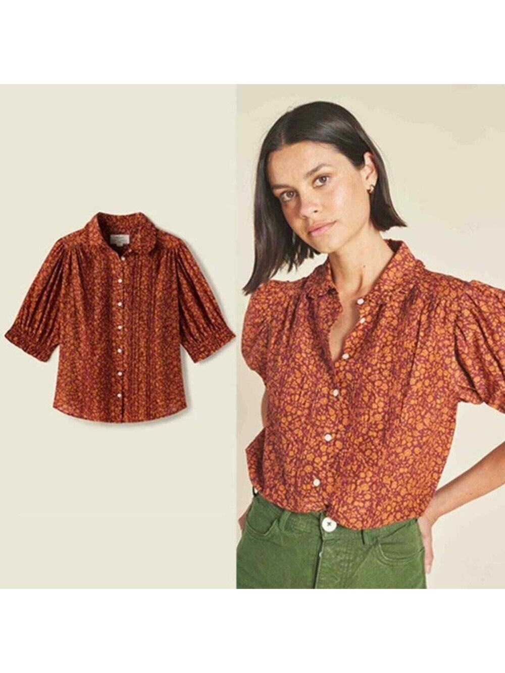 NWT Birds of Paradis Ruffled Collar Short Sleeves Gemma Blouse Floral Orange